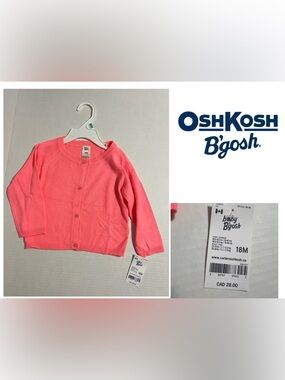 🆕OSHKOSH - 18M - NWT - INFANT GIRLS CORAL PINK KNIT CARDIGAN SWEATER